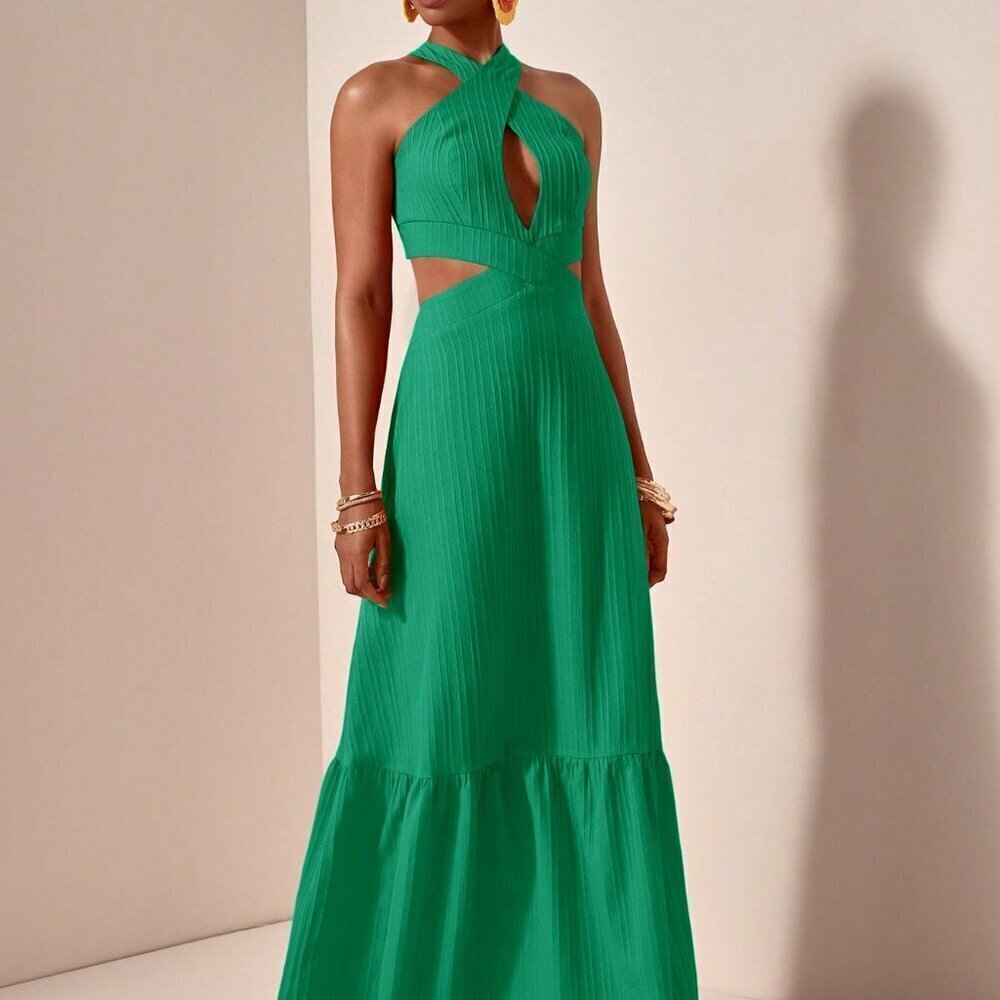 Green Casual Women's Halter Neck Textured Fabric Maxi Dress - Picture 6 of 7